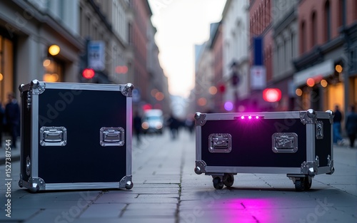 Flight cases with stage lighting equipment are standing on the street. High quality