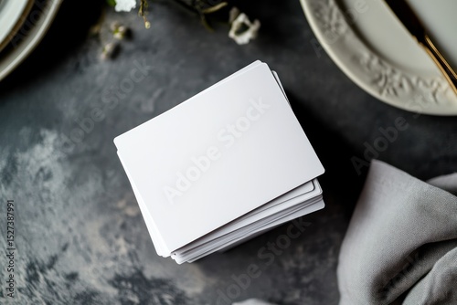 Stacked white cards on textured surface