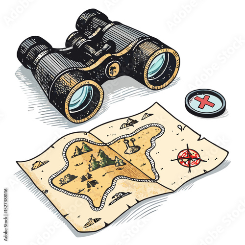 Create a bold, vector illustration of pirate binoculars with a thick black stroke, suitable for logo design.