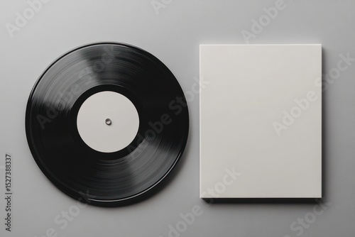 Vinyl record and blank cover on grey background