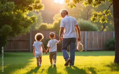 Father walking away holding hands with two kids in backyard. High quality