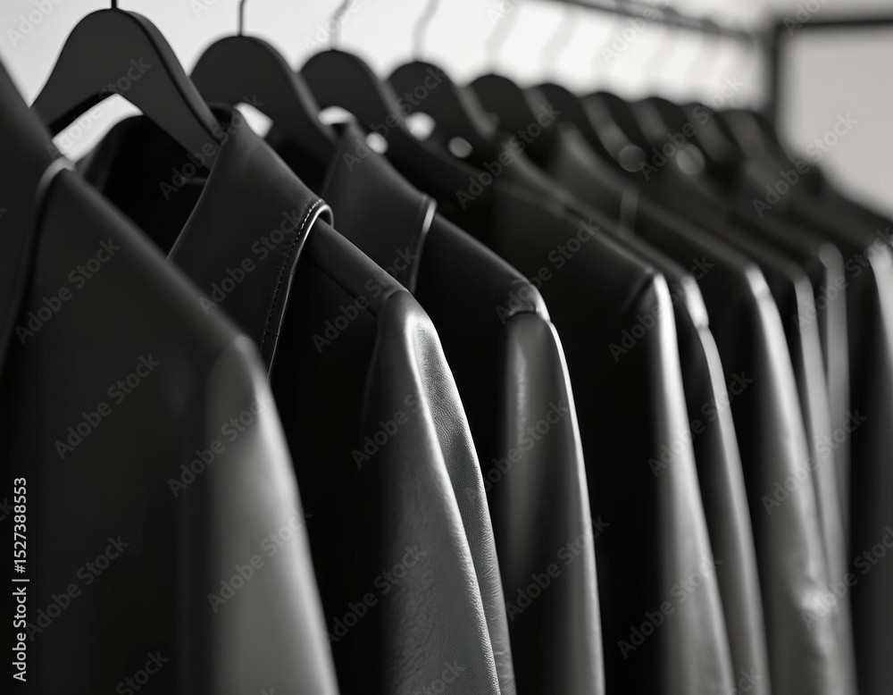 Fototapeta premium Monochrome wardrobe with sleek Scandinavian design. Black leather jackets hang on clothes rack. Minimalism, stylish design, high-contrast lighting, interior decor, home decor. Fashion, lifestyle,