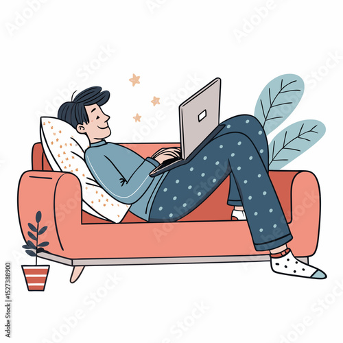 Create a bold vector illustration of a person relaxing comfortably on a couch, emphasizing a feeling of calm and contentment.