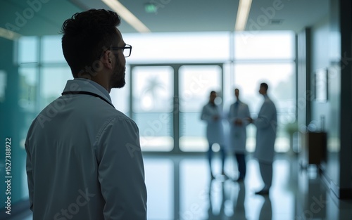 Doctor looking out window while medical team discussing in hospital lobby. High quality