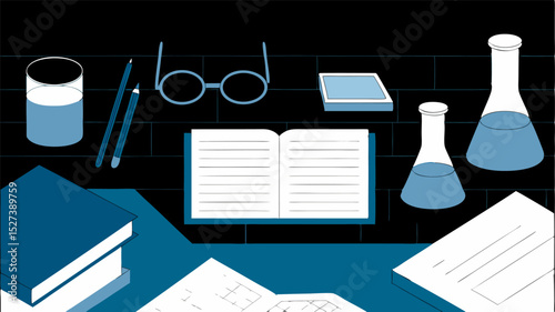 Organized Science Classroom Flat Lay of Teacher's Desk with Beakers and Books