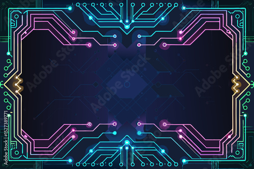 Generate a vibrant cyberpunk-themed image featuring neon borders, intricate circuit lines, and electrifying elements.  Include glowing textures and a dark, futuristic aesthetic.