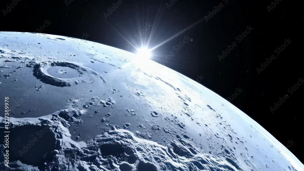 Moon surface with craters and a bright shining light, set against a backdrop of starry black outer space.