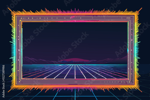 Generate a digital art image of a glitching frame border, incorporating scanlines and chromatic aberration, reminiscent of old VHS tapes.