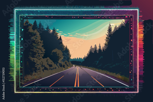 Generate a vibrant digital art image of a glitching frame border, incorporating scanlines and chromatic aberration effects, reminiscent of retro video game aesthetics.