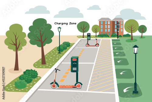 Flat vector illustration of a designated electric scooter charging zone on a university campus, showcasing multiple scooters plugged into charging stations.