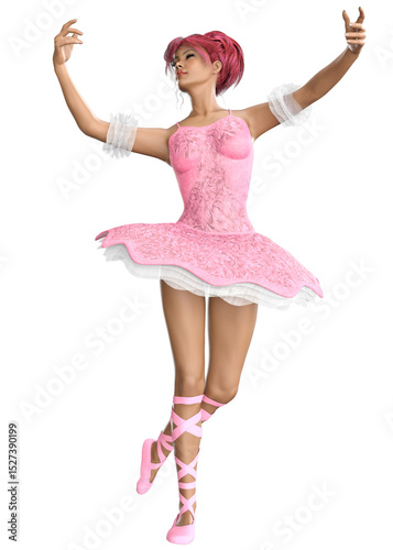 Elegant 3D rendered ballerina in pink dress with tutu and pointe shoes, performing a classical ballet pose. Dance, performance, and ballet-themed digital artwork with abstract female character.