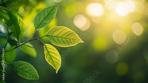 Fresh green leaves shining in sunlight on a bright spring day