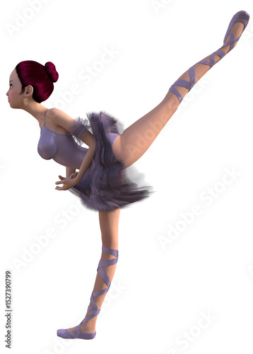 Elegant 3D rendered ballerina in violet dress with tutu and pointe shoes, performing a classical ballet pose. Dance, performance, and ballet-themed digital artwork with abstract female character.