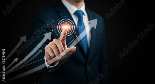 A businessman in a suit touching a digital interface with glowing circles and upward pointing arrows business.selling ,purchasing,agreement 