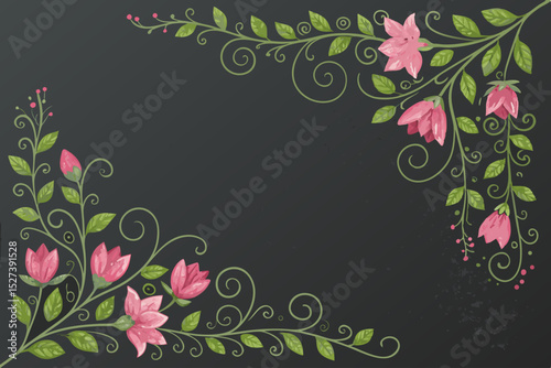 Create a vibrant image of floral corner borders featuring delicate pink petals and lush green foliage, suitable for digital scrapbooking or card design.