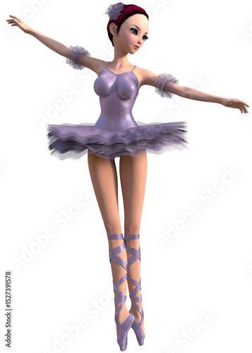 Elegant 3D rendered ballerina in violet dress with tutu and pointe shoes, performing a classical ballet pose. Dance, performance, and ballet-themed digital artwork with abstract female character.