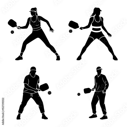 Pickleball player icon set. EPS Vector Silhouette File of mixed doubles action, volleys and serves in dynamic sport poses black illustration