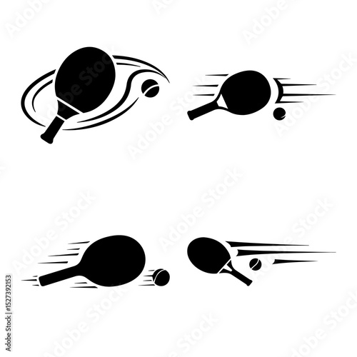 Ping pong paddle and ball motion icon set. EPS Vector Silhouette File of table tennis equipment with speed lines and dynamic action black illustration