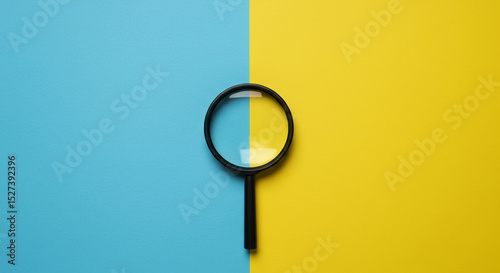 A single magnifying glass centered on a background split between blue and yellow colors evenly business.selling ,purchasing,agreement 