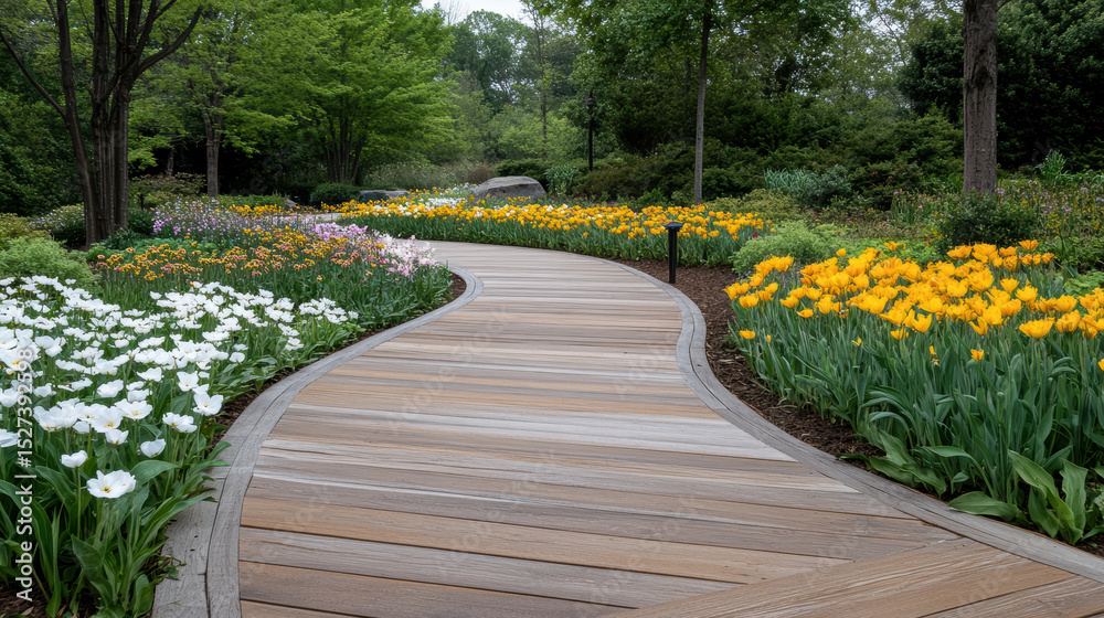Obraz premium Wooden walkway meanders through vibrant flower patches, creating serene atmosphere