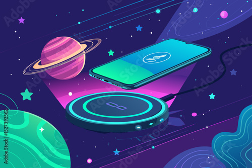 Design a futuristic, levitating wireless charging pad; sleek, sci-fi aesthetic; vector illustration.  Show glowing energy transfer.
