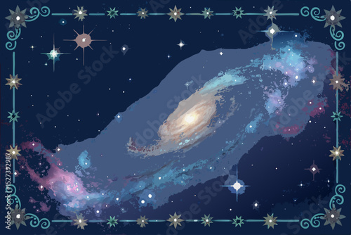 Design a vibrant galaxy-themed border featuring swirling nebulas, sparkling stars, and cosmic dust, suitable for a webpage or print design.  Include a single, prominent celestial element (1).