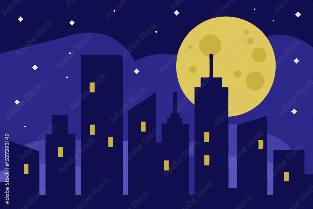 Fototapeta premium Night Cityscape Moonlit Urban Skyline Illustration