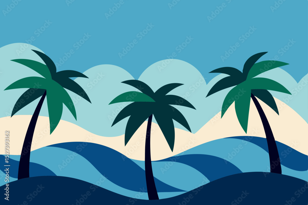 Tropical Paradise Palm Trees and Ocean Waves Illustration Tropical Paradise Palm Trees and Ocean Waves Illustration