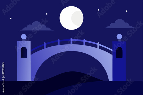 Serene Nightscape Moonlit Bridge Illustration