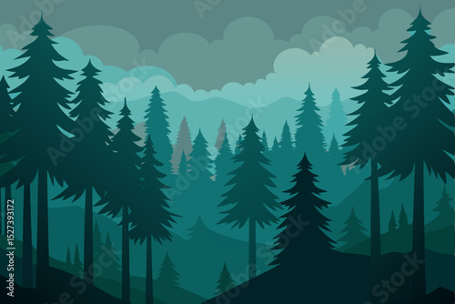 Serene Evergreen Forest A Misty Mountain Landscape Illustration