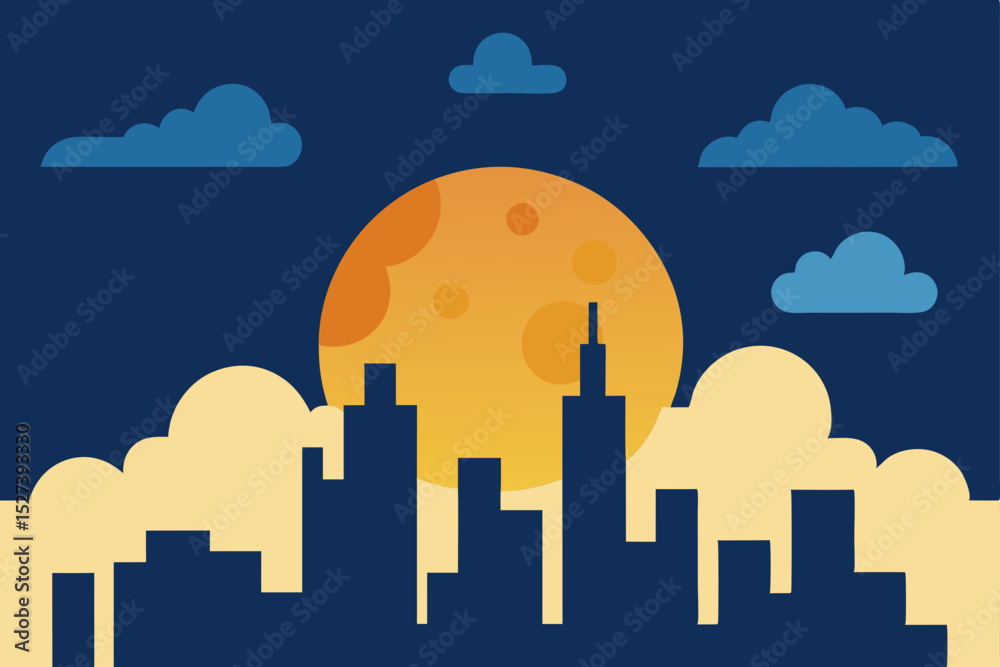 Fototapeta premium Night urban cityscape silhouette with moonlit buildings