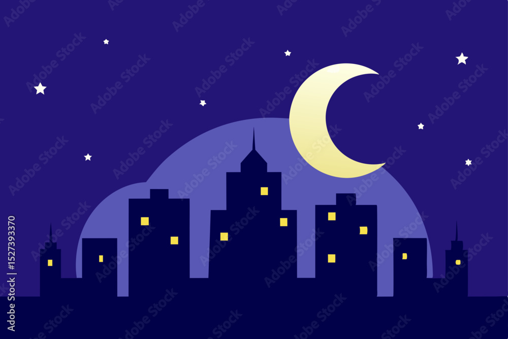 Fototapeta premium Dark urban night city skyline with moon and stars illustration