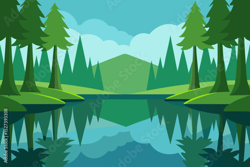 Summer nature landscape with a blue lake in green forest and mountains
