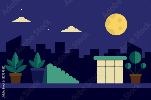 Nighttime Rooftop Garden Serene Cityscape with Moonlit Plants