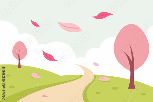 Birds on a tree branch, a vibrant nature landscape illustration with sky, sun, and green grass