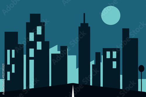 Night city skyline panorama with illuminated urban buildings and skyscraper architecture illustration