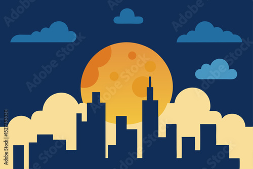 Night urban cityscape silhouette with moonlit buildings