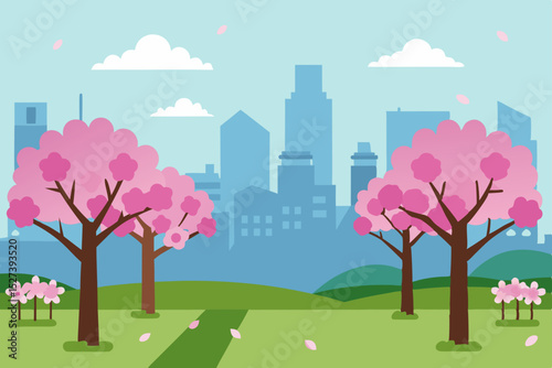 Vibrant Spring Cityscape Cherry Blossoms in Bloom