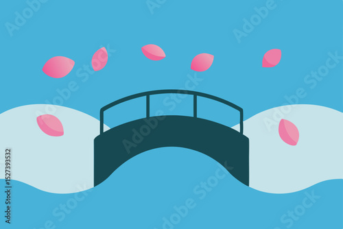 Serene Bridge Tranquil Water, Falling Petals, Peaceful Serenity
