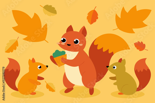 Adorable Autumn Squirrel Family Sharing Fall's Bounty