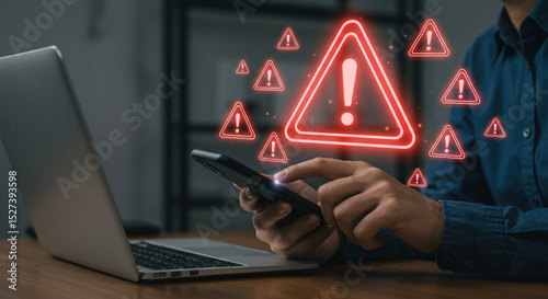 A person using a smartphone with red warning signs floating above it next to a laptop on a desk business.selling ,purchasing,agreement 