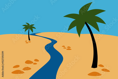 Oasis in the Desert Palm Trees and Winding River in Arid Landscape