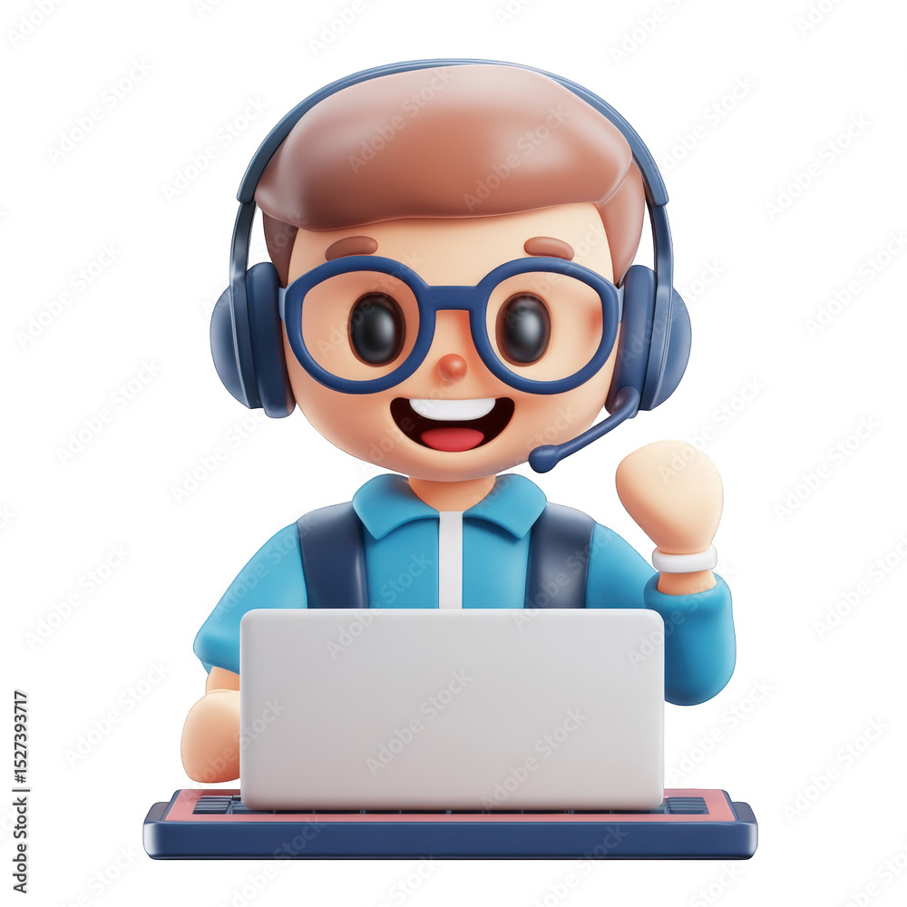 Happy cartoon boy 3d render wearing headset using laptop computer smiling friendly cheerful positive technology support on transparent background fun Happy cartoon boy 3d render wearing headset using laptop computer smiling friendly cheerful positive technology support on transparent background fun
