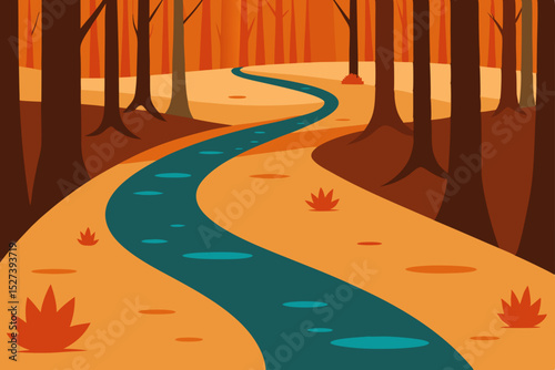 Autumn Forest Stream A Serene Landscape Illustration of Winding Creek Through Colorful Fall Trees