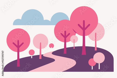Serene Pink and Purple Landscape A Gentle Winding Path Through a Dreamy Grove