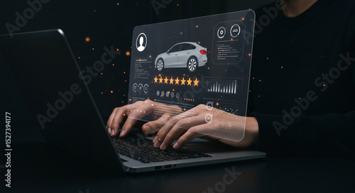 Person typing on laptop with car review interface on screen showing stars and data visualization business.selling ,purchasing,agreement 