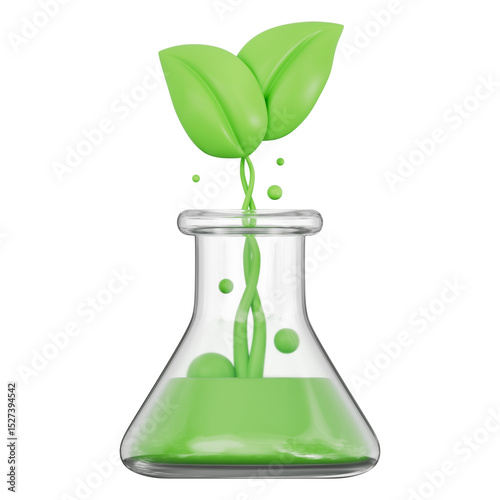 Science beaker with seedling, eco lab equipment for biology, plant growth, green study, innovation, chemical test, organic experiment, renewable solution. Transparent background, 3d illustration.