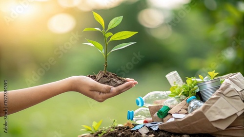 Hand Holding Seedling for Eco-Growth: A tender hand cradles a sprouting seedling, representing the blossoming of environmental responsibility amidst the call for change.