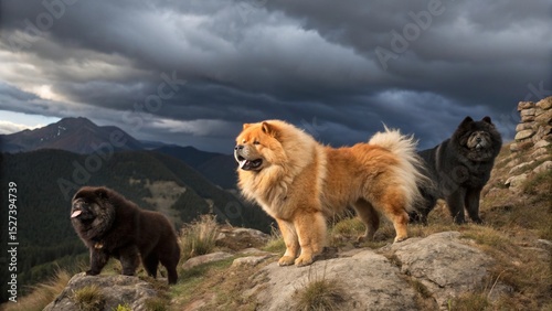 Majestic Chow Chow Trio: Three stunning Chow Chow dogs stand proudly on a rocky outcrop, surveying the breathtaking mountain vista under a dramatic, stormy sky. 