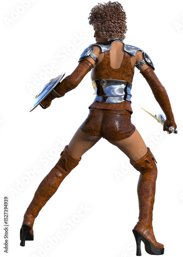 3D render of a powerful curly-haired dark skinned warrior woman in armor, holding a sword and shield. Fierce female fighter, combat pose, tribal face paint, leather boots, and medieval weapons.